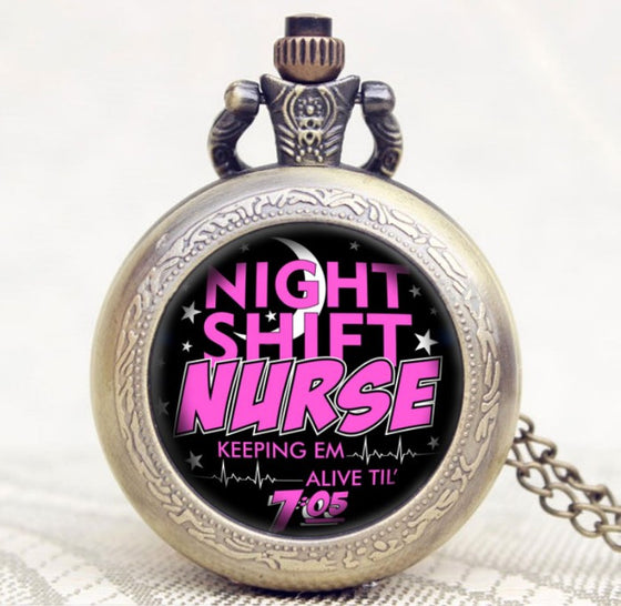 Night Shift Nurse Theme Glass Dome Pocket Watch