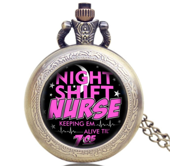 Night Shift Nurse Theme Glass Dome Pocket Watch