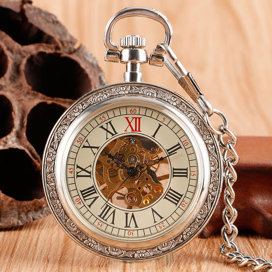 Roman Numerals Hand Winding Skeleton Pocket Watch