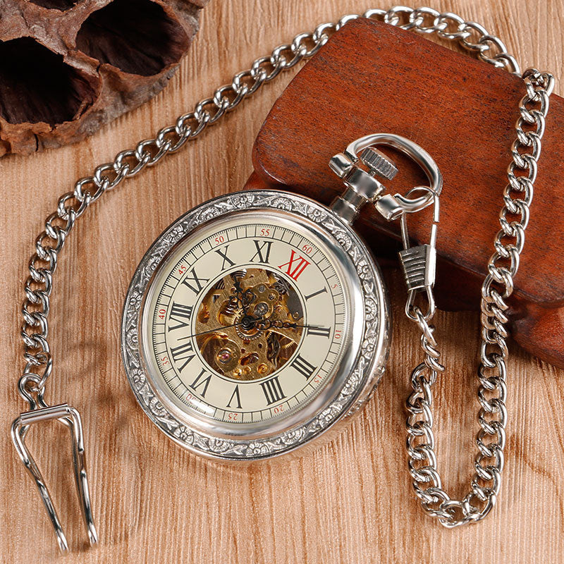 Roman Numerals Hand Winding Skeleton Pocket Watch